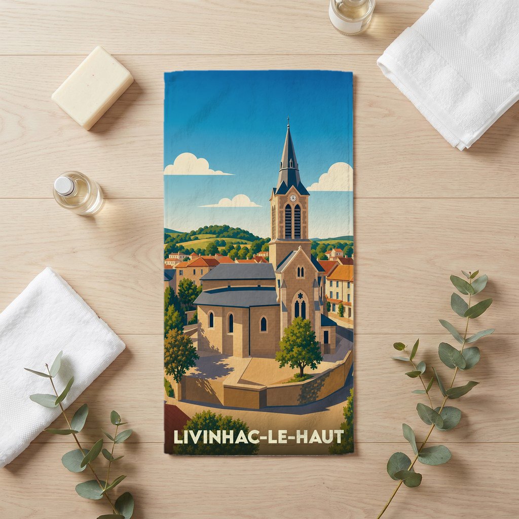 Serviette de bain souvenir de la ville de Livinhac-le-Haut avec une illustration stylisée de son église.
