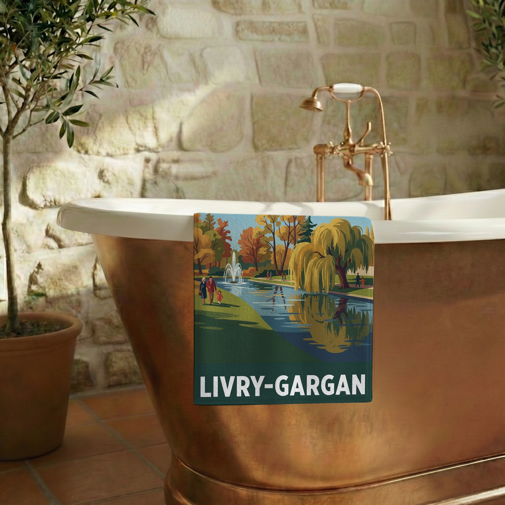 Serviette de bain souvenir de la ville de Livry-Gargan avec une illustration stylisée.