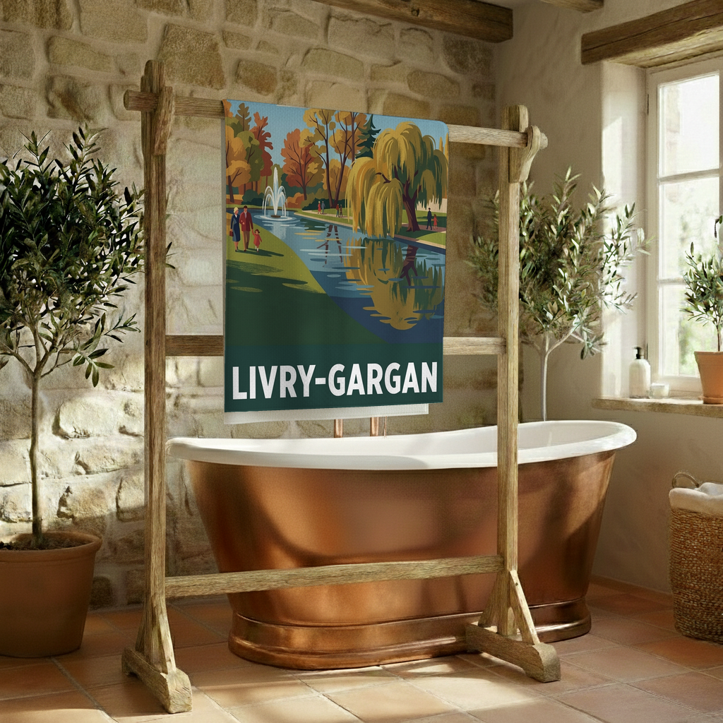 Serviette de bain souvenir de la ville de Livry-Gargan avec une illustration stylisée d'un parc arboré.