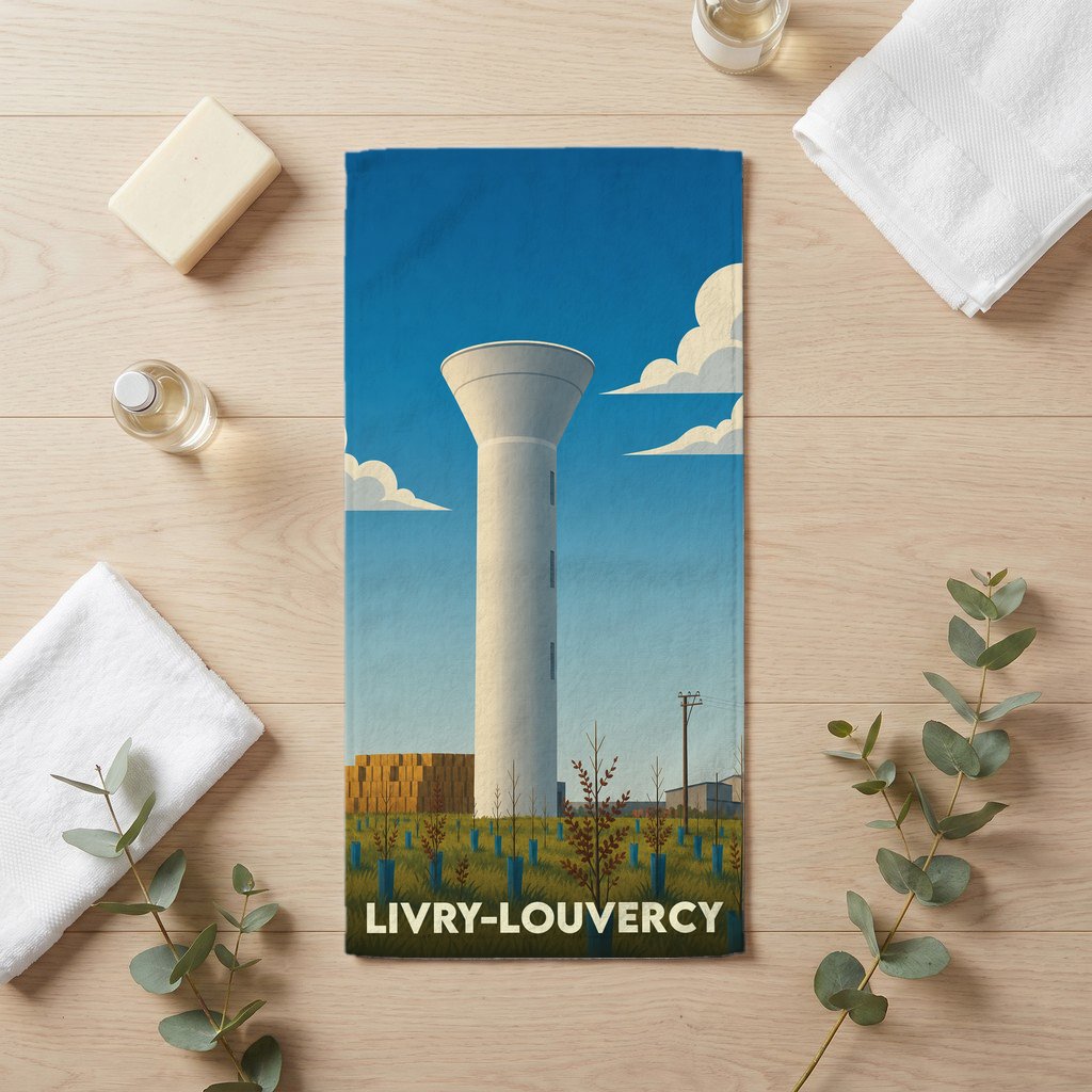 Serviette de bain souvenir de la ville de Livry-Louvercy avec une illustration stylisée de son château d'eau.