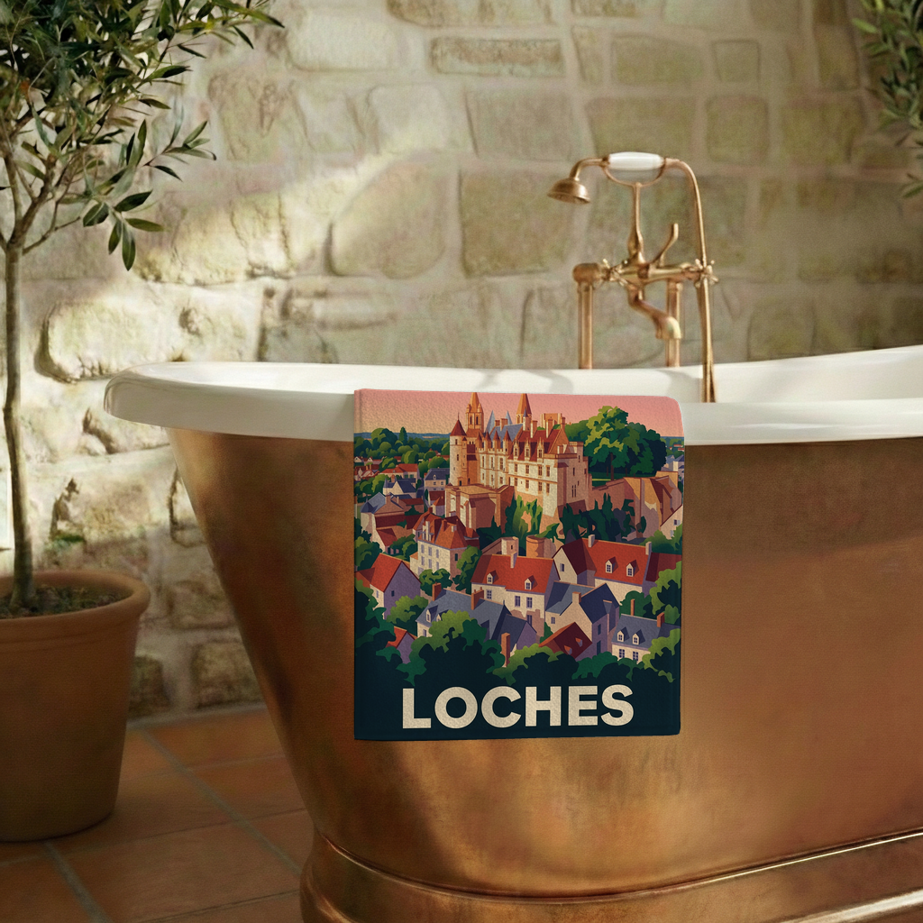 Serviette de bain souvenir de la ville de Loches avec une illustration stylisée.