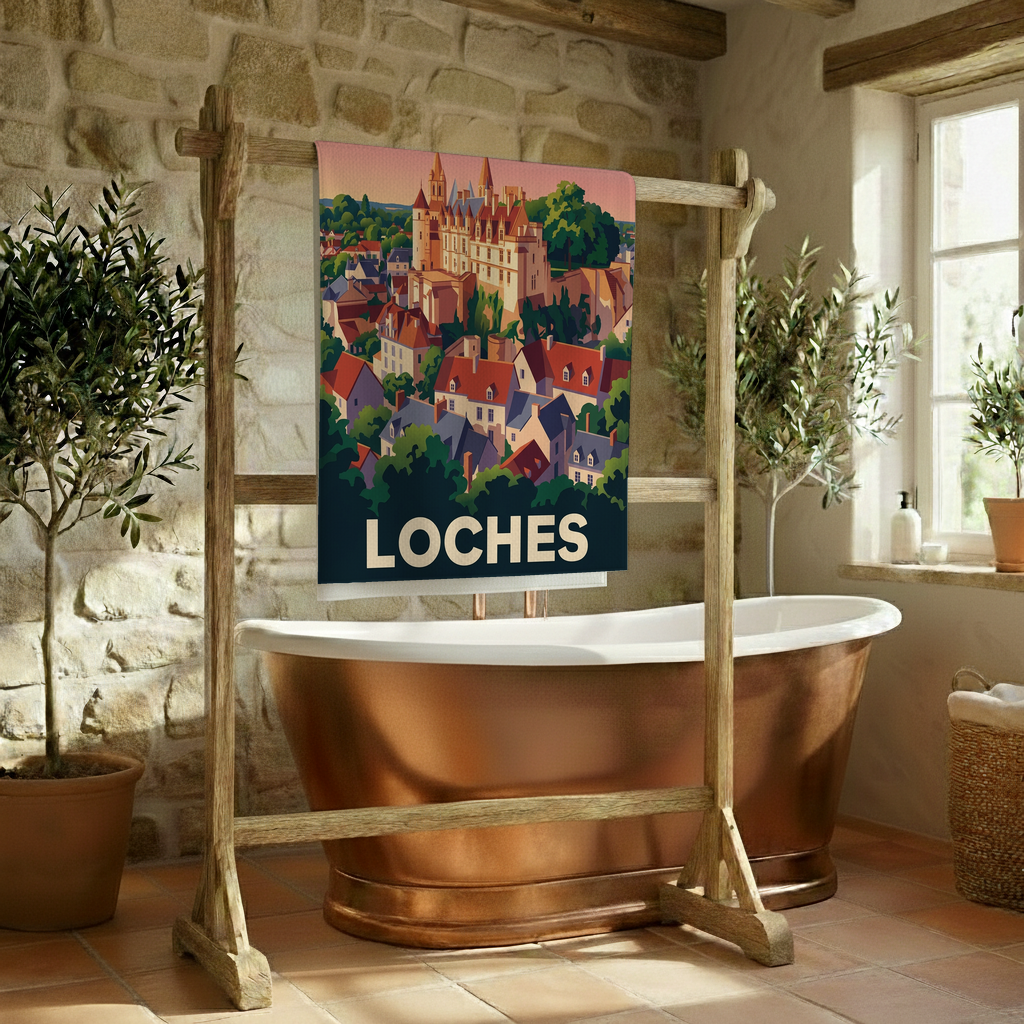 Serviette de bain souvenir de la ville de Loches avec une illustration stylisée.