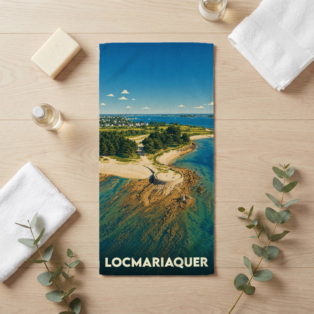 Serviette de bain souvenir de la ville de Locmariaquer illustrée d'une vue aérienne stylisée de la côte bretonne.