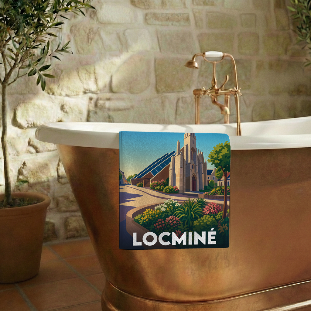 Serviette de bain souvenir de la ville de Locminé avec une illustration stylisée.