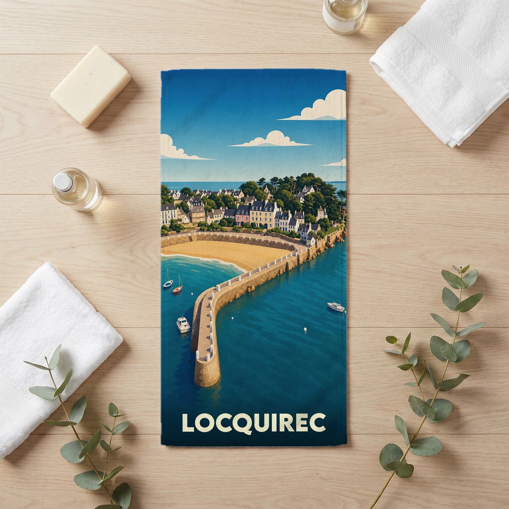 Serviette de bain souvenir de la ville de Locquirec avec une illustration stylisée de son port.