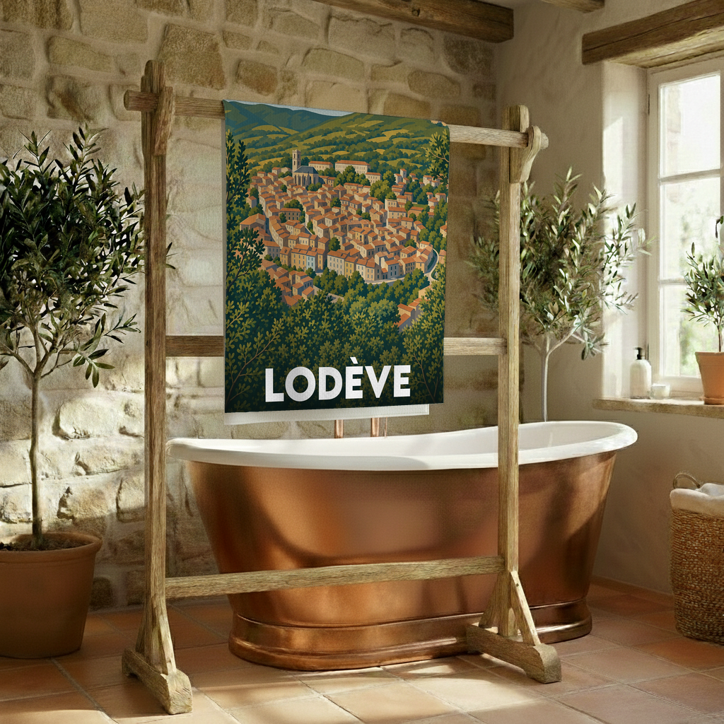 Serviette de bain souvenir de la ville de Lodève avec une illustration stylisée.