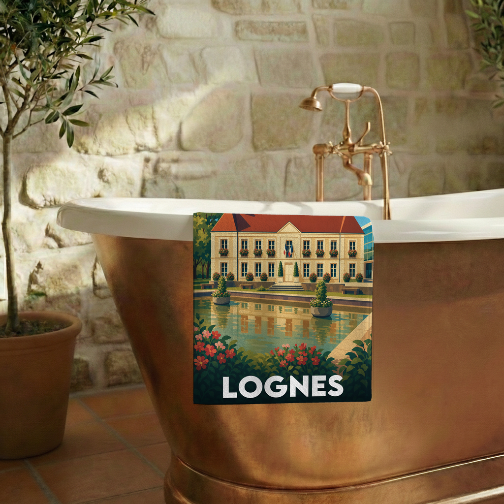 Serviette de bain souvenir de la ville de Lognes avec une illustration stylisée représentant un bâtiment classique et son bassin.