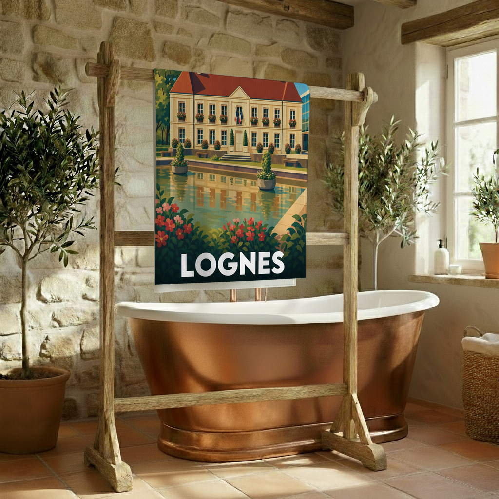 Serviette de bain souvenir de la ville de Lognes avec une illustration stylisée.