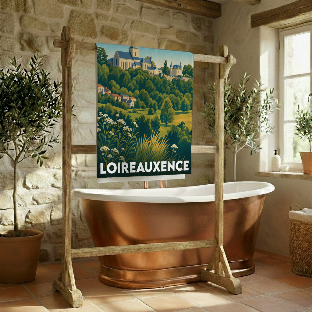 Serviette de bain souvenir de Loireauxence ornée d'une illustration paysagère stylisée.