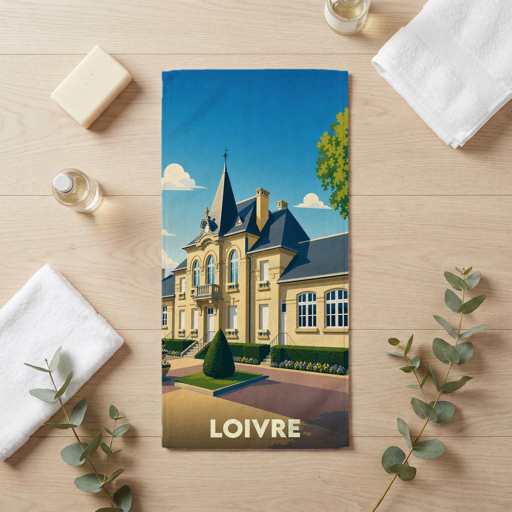 Serviette de bain souvenir de la ville de Loivre illustrée d'un bâtiment historique au style graphique.