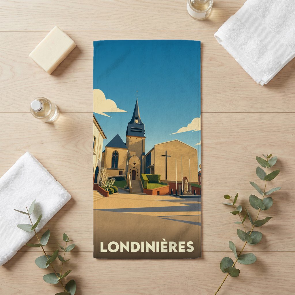 Serviette de bain souvenir de la ville de Londinières avec une illustration stylisée d'une église.