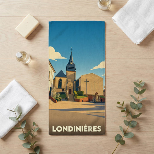 Serviette de bain souvenir de la ville de Londinières avec une illustration stylisée d'une église.