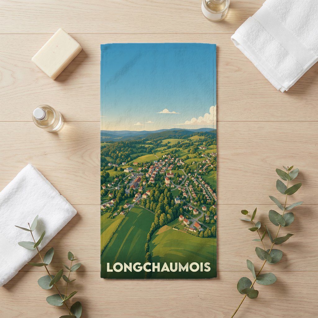 Serviette de bain souvenir de la ville de Longchaumois avec une illustration de paysage vallonné.