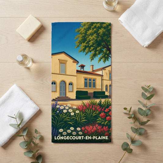 Serviette de bain souvenir de la ville de Longecourt-en-Plaine avec une illustration stylisée.