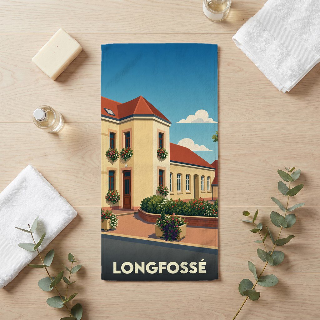 Serviette de bain souvenir de la ville de Longfossé avec une illustration stylisée d'un bâtiment fleuri sous un ciel bleu.