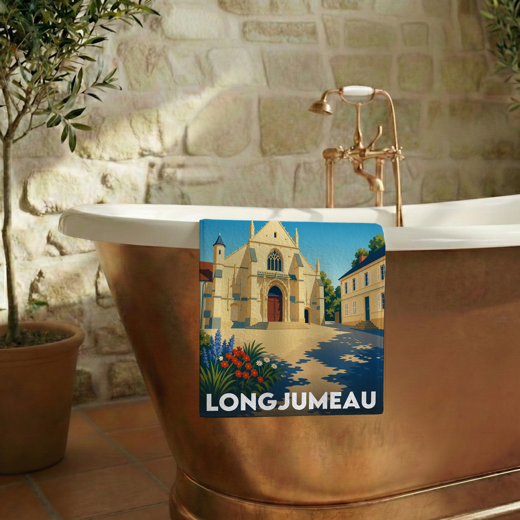 Serviette de bain souvenir de la ville de Longjumeau avec une illustration stylisée.