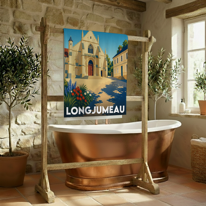 Serviette de bain souvenir de la ville de Longjumeau avec une illustration stylisée.