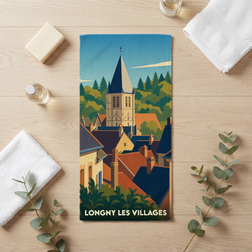 Serviette de bain souvenir de la ville de Longny les Villages avec une illustration stylisée.