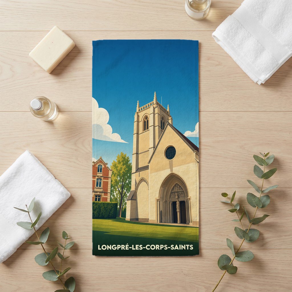 Serviette de bain souvenir de la ville de Longpré-les-Corps-Saints avec une illustration stylisée de son église.