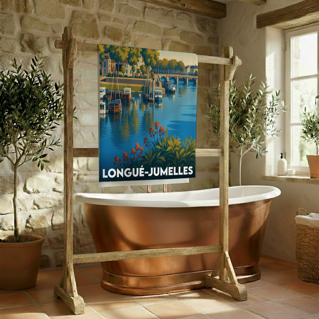 Serviette de bain souvenir de la ville de Longué-Jumelles avec une illustration stylisée de son paysage fluvial.
