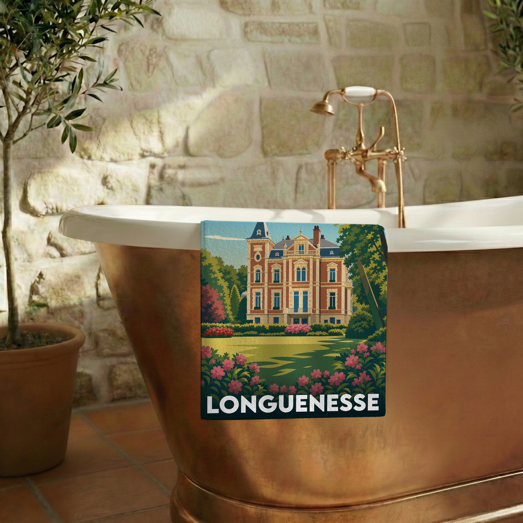 Serviette de bain souvenir de la ville de Longuenesse avec une illustration stylisée.