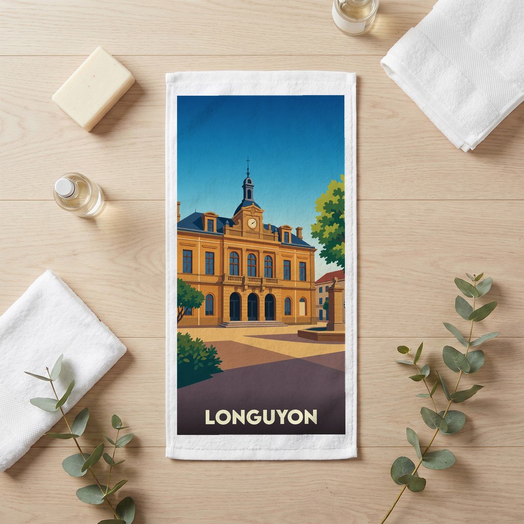 Serviette de bain souvenir de la ville de Longuyon avec une illustration stylisée de son hôtel de ville.