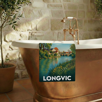Serviette de bain souvenir de la ville de Longvic avec une illustration paysagère stylisée.