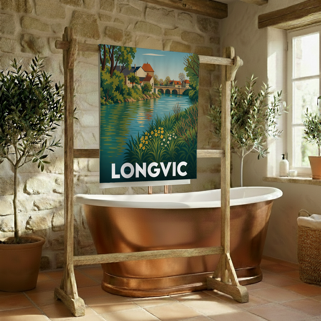 Serviette de bain souvenir de la ville de Longvic avec une illustration stylisée de son paysage fluvial.