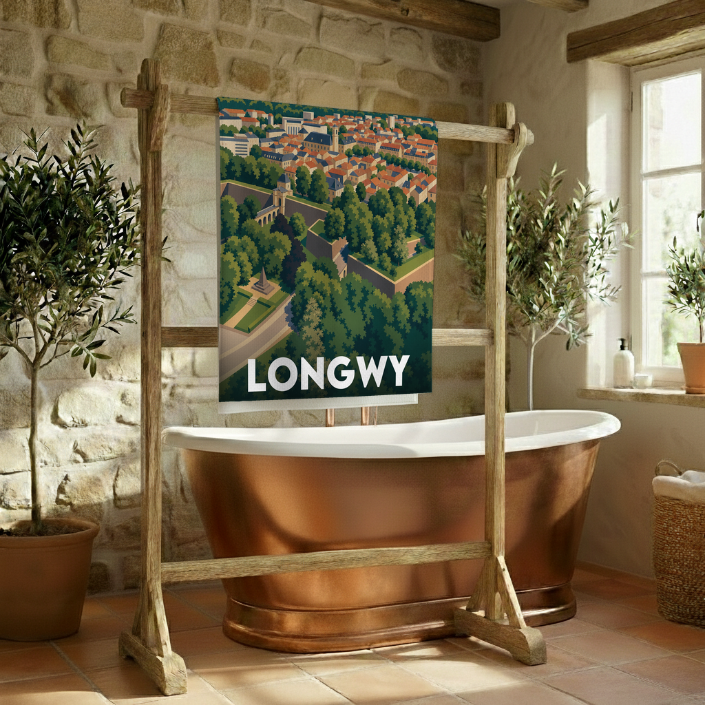 Serviette de bain souvenir de la ville de Longwy avec une illustration stylisée.
