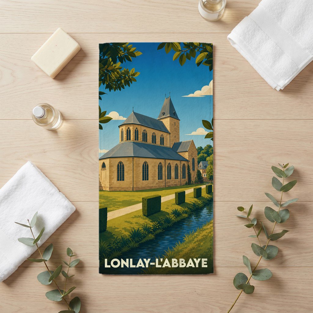 Serviette de bain souvenir de la ville de Lonlay-l'Abbaye avec une illustration stylisée de son abbaye et de ses jardins.