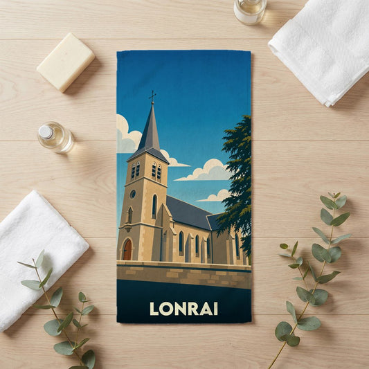 Serviette de bain souvenir de la ville de Lonrai avec une illustration stylisée d'une église.