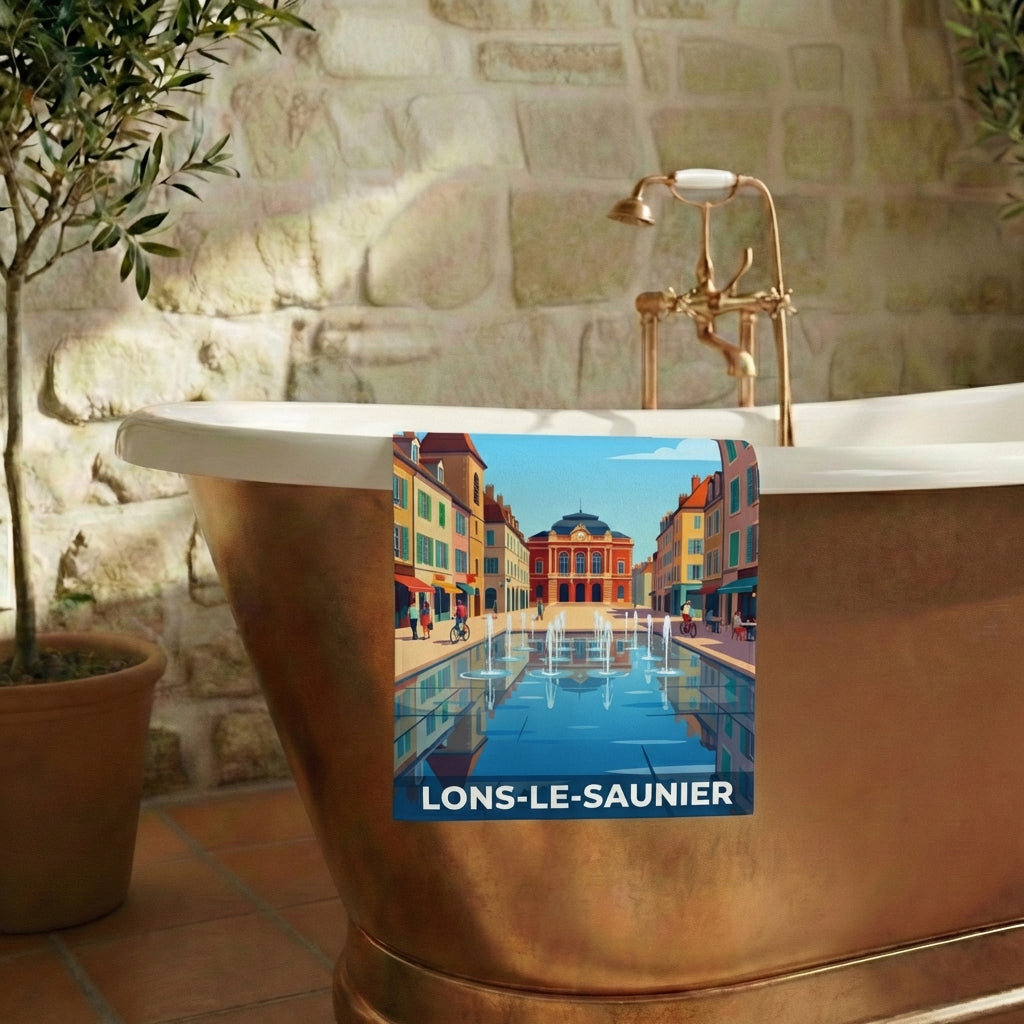Serviette de bain souvenir de la ville de Lons-le-Saunier avec une illustration stylisée.