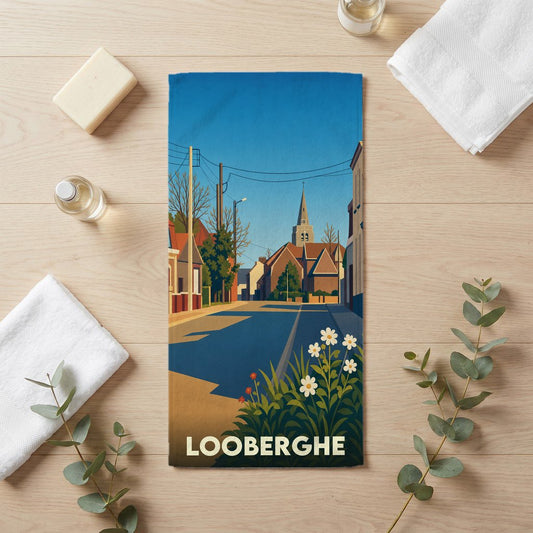 Serviette de bain souvenir de la ville de Looberghe avec une illustration stylisée.