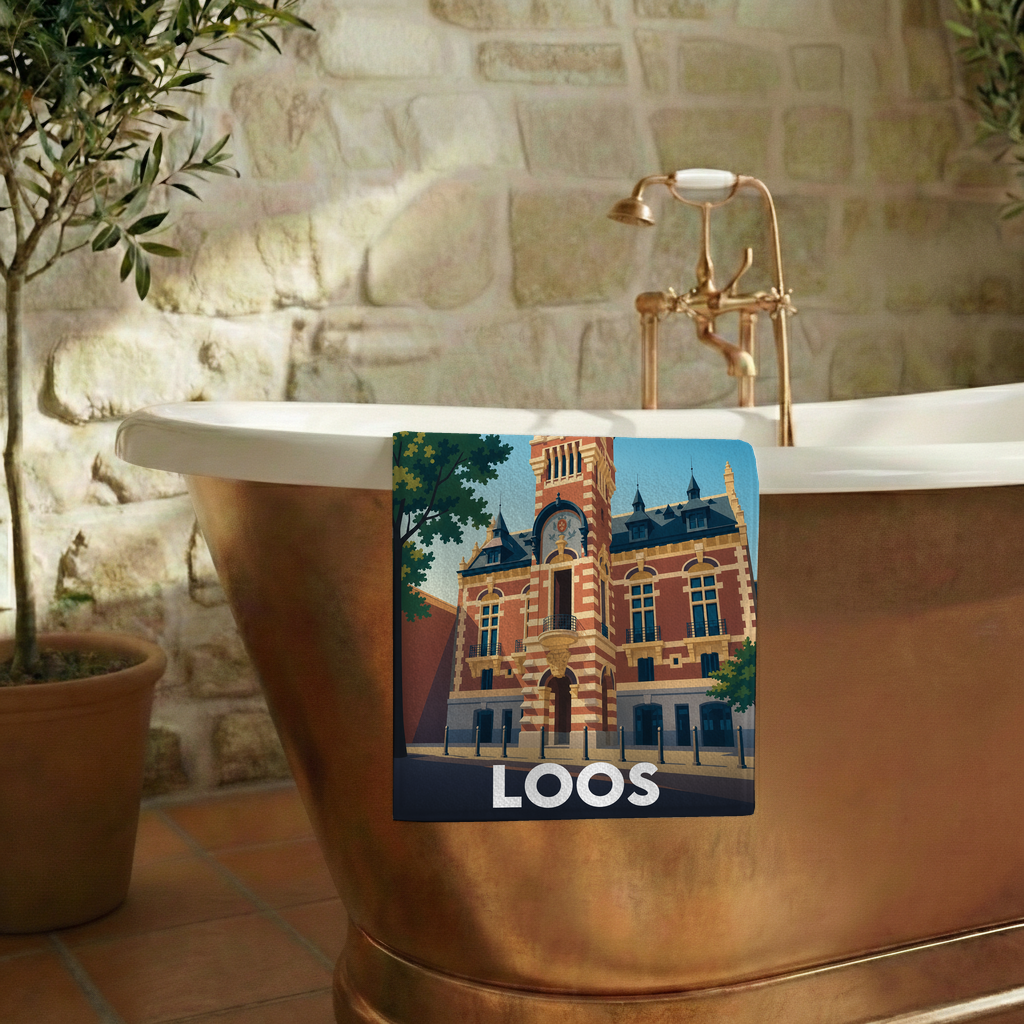 Serviette de bain souvenir de la ville de Loos avec une illustration stylisée.