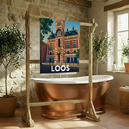 Serviette de bain souvenir de la ville de Loos avec une illustration stylisée.