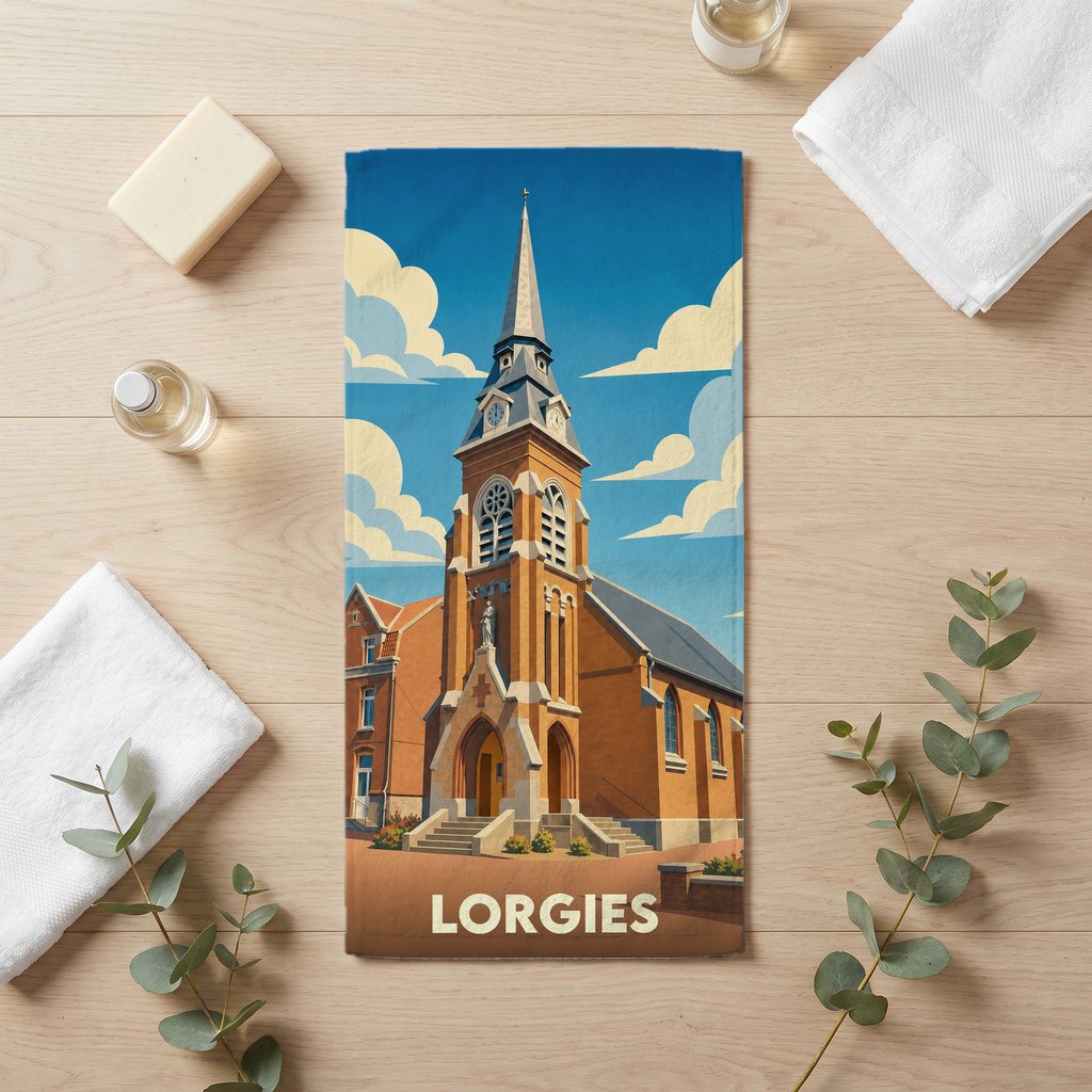 Serviette de bain souvenir de la ville de Lorgies illustrée d'une église de style néo-gothique.