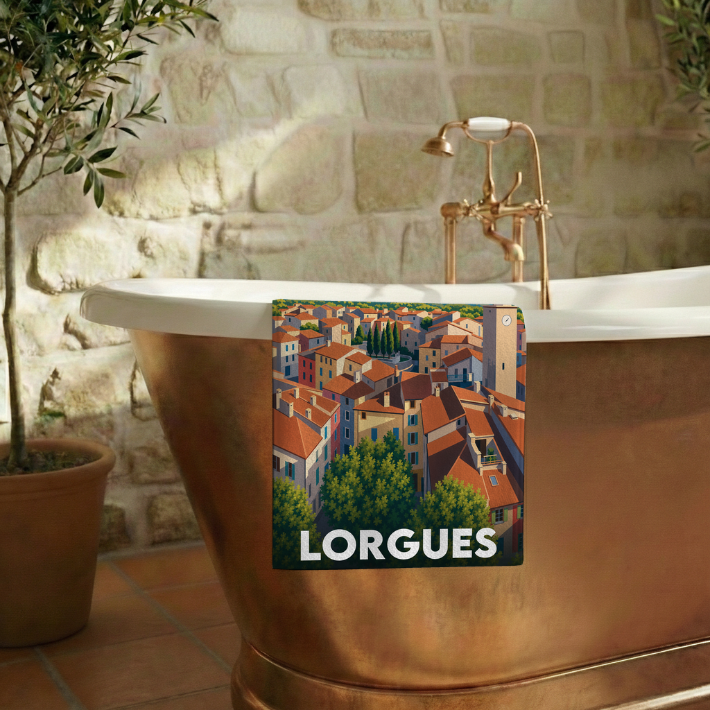 Serviette de bain souvenir de la ville de Lorgues avec une illustration stylisée de ses toits provençaux.