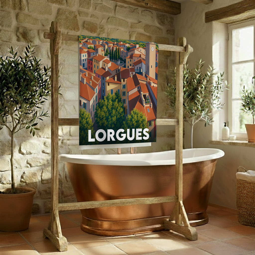 Serviette de bain souvenir de la ville de Lorgues avec une illustration stylisée de ses toits provençaux.