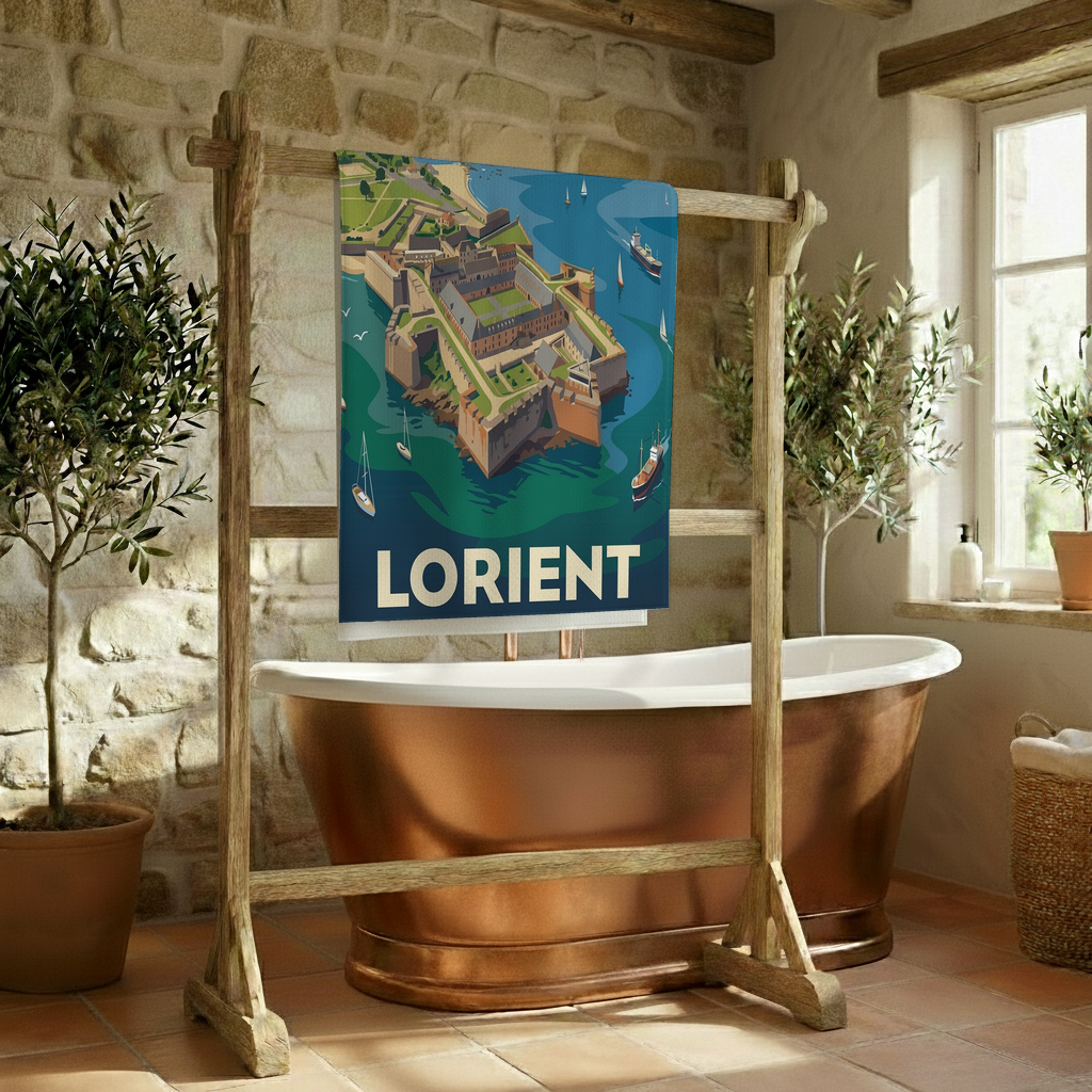 Serviette de bain souvenir de la ville de Lorient avec une illustration stylisée.