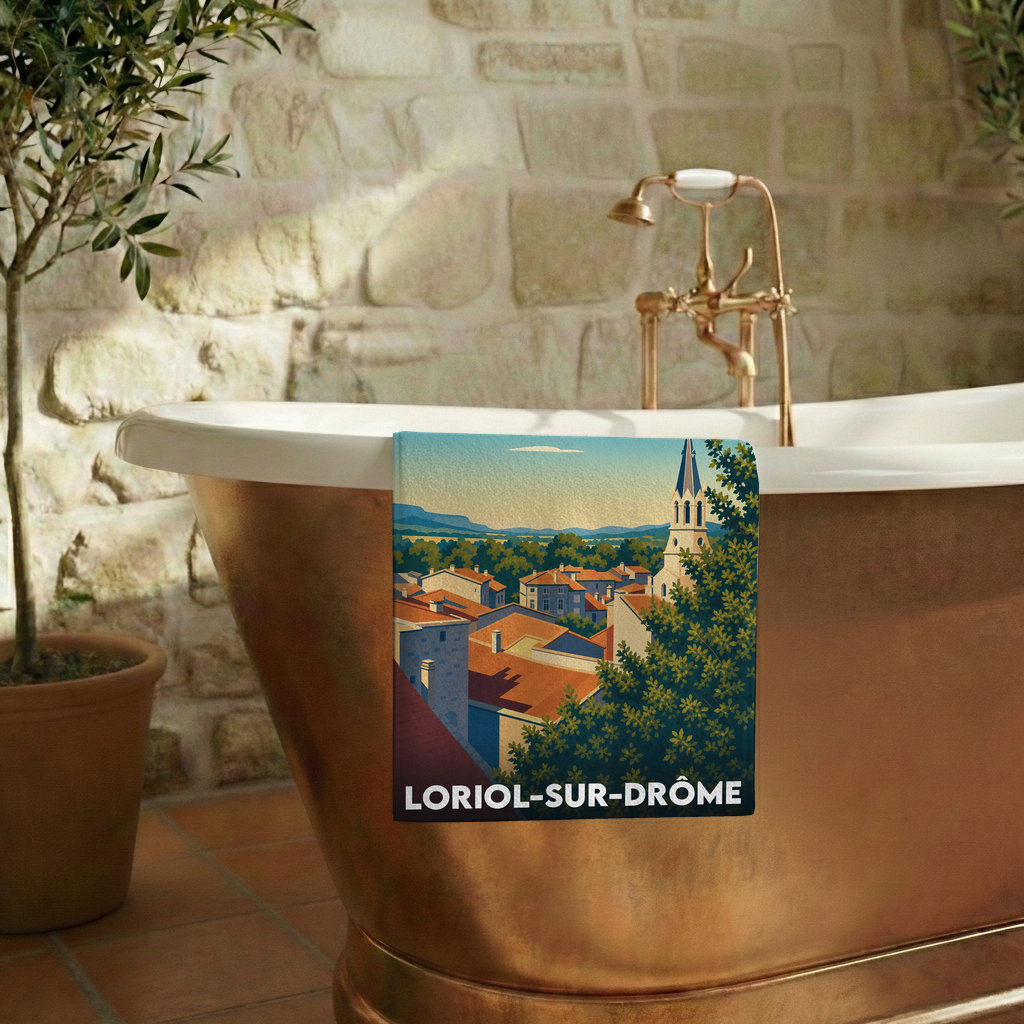 Serviette de bain souvenir de la ville de Loriol-sur-Drôme avec une illustration stylisée.