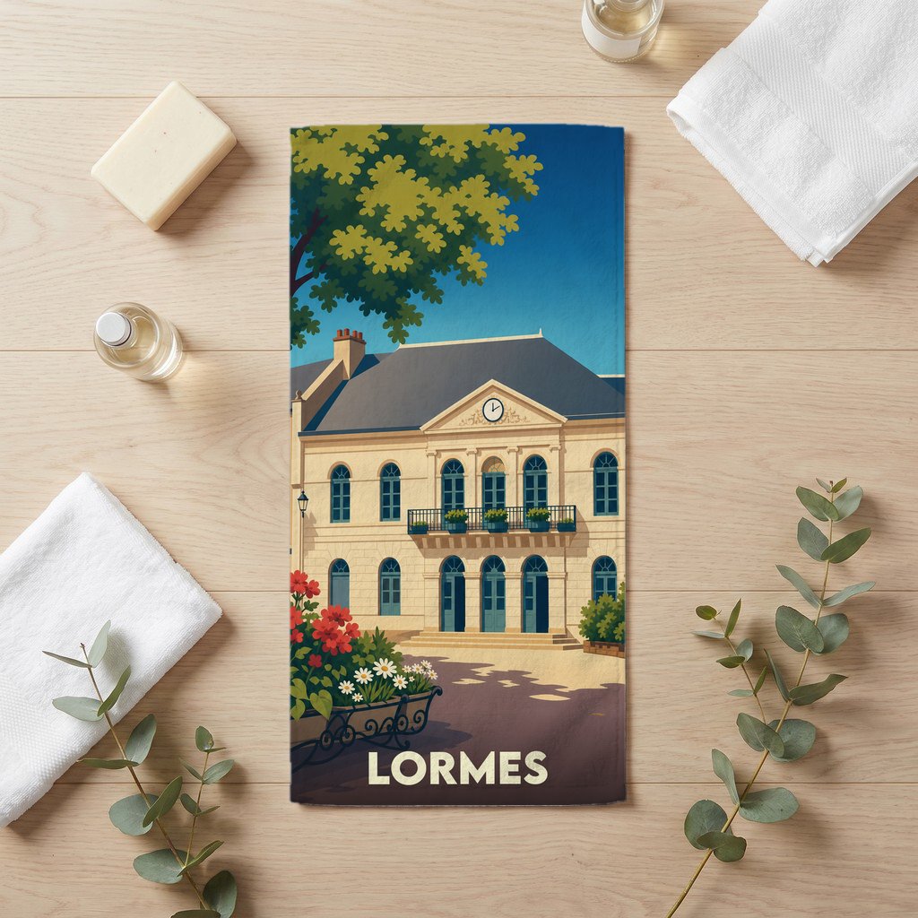 Serviette de bain souvenir de la ville de Lormes avec une illustration stylisée de son hôtel de ville.