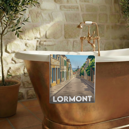 Serviette de bain souvenir de la ville de Lormont avec une illustration stylisée.