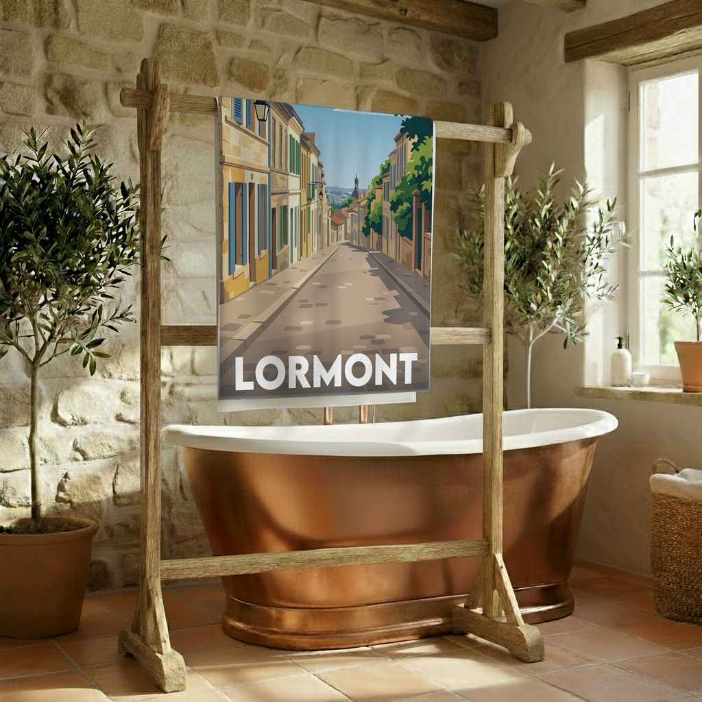 Serviette de bain souvenir de la ville de Lormont avec une illustration stylisée d'une rue pittoresque.