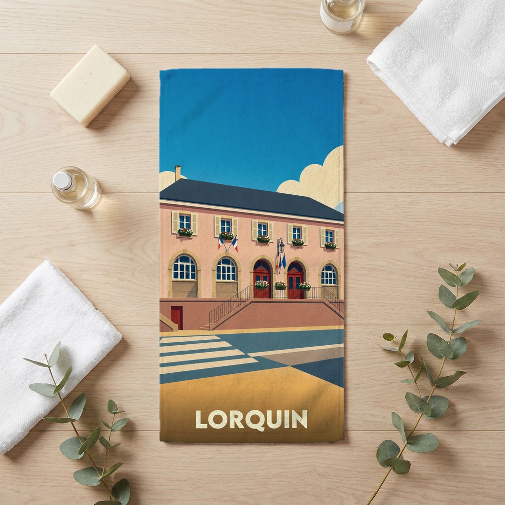 Serviette de bain souvenir de la ville de Lorquin avec une illustration stylisée de son hôtel de ville.
