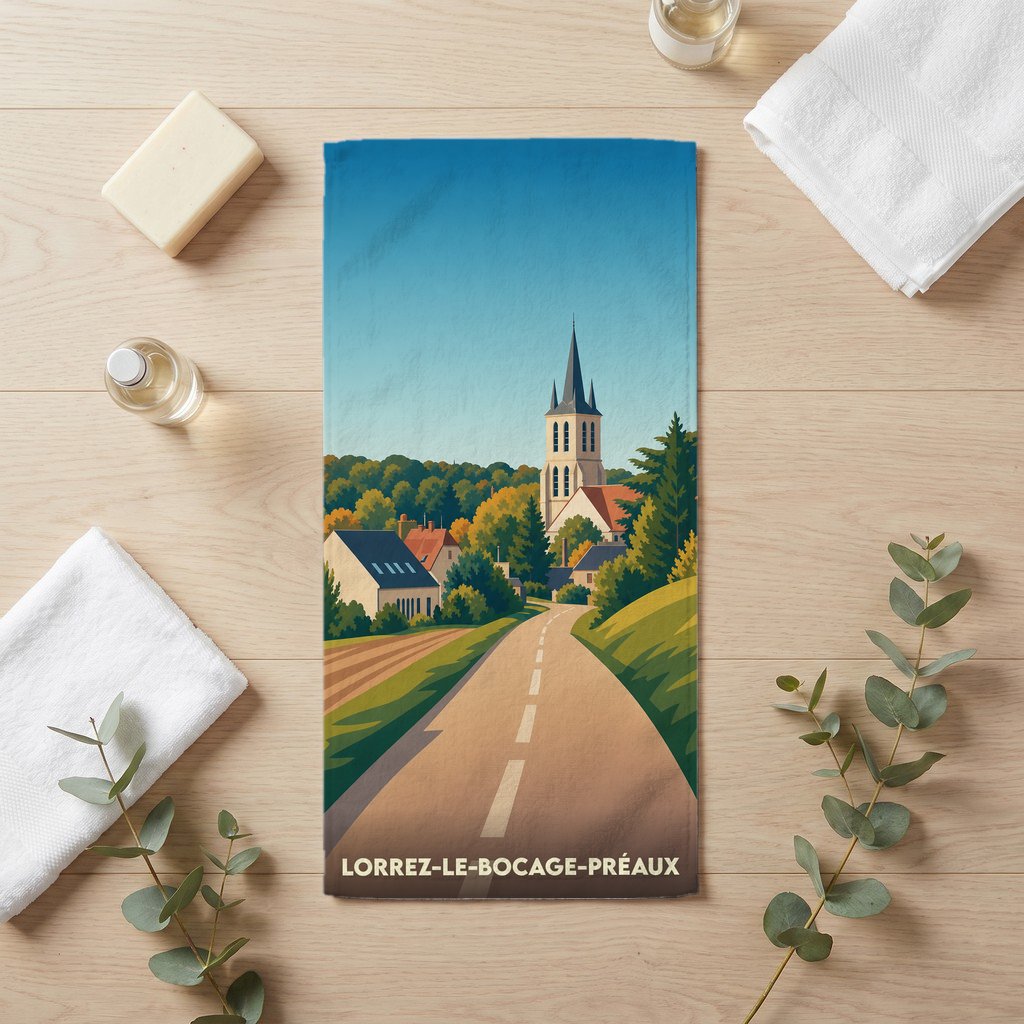 Serviette de bain souvenir de Lorrez-le-Bocage-Préaux avec une illustration stylisée d'un village français.