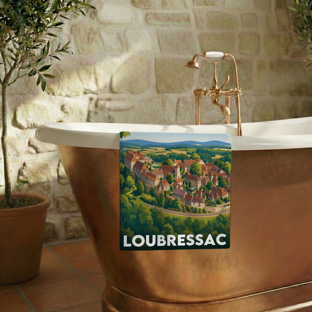 Serviette de bain souvenir de la ville de Loubressac avec une illustration stylisée.