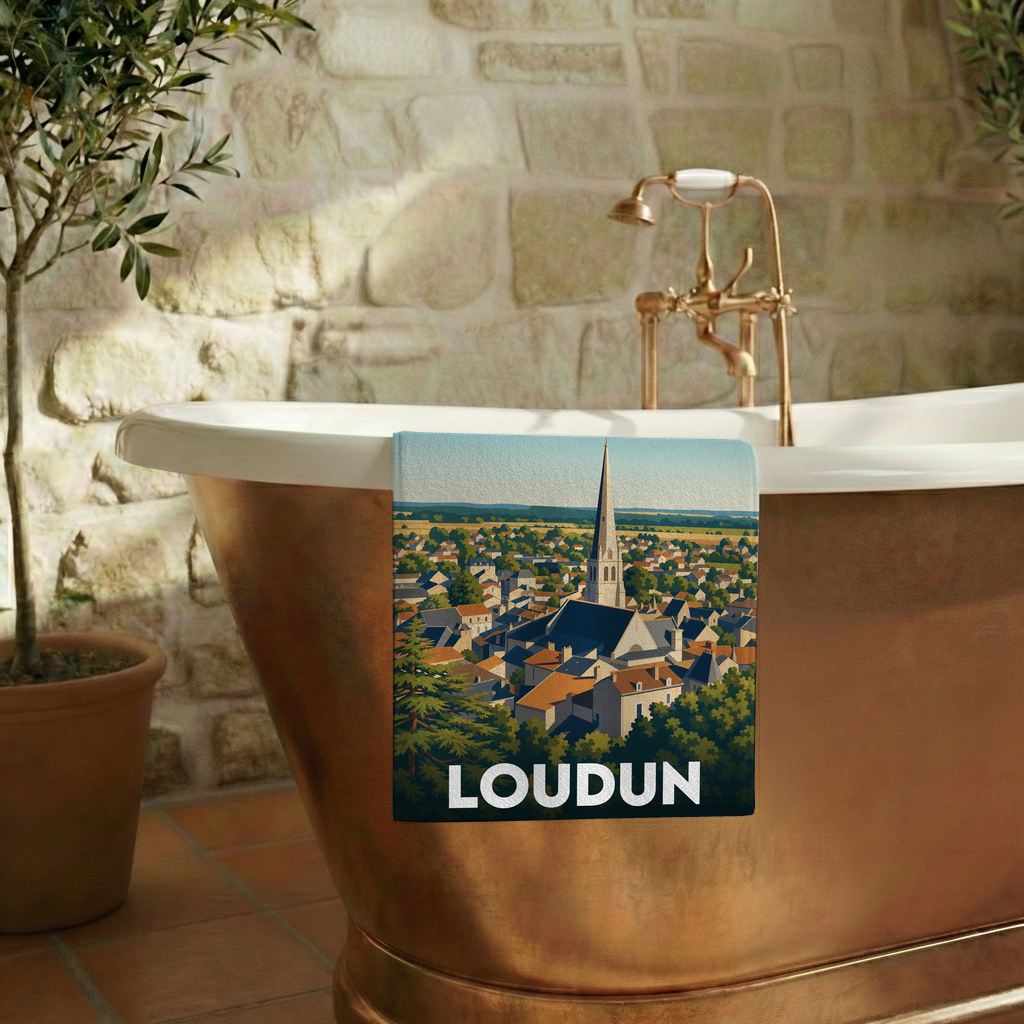 Serviette de bain souvenir de la ville de Loudun avec une illustration panoramique stylisée.