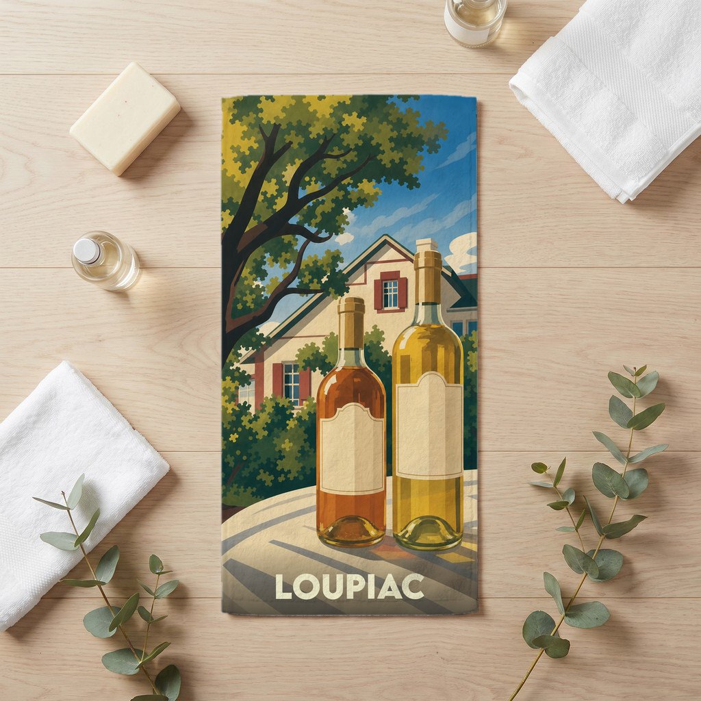 Serviette de bain souvenir de la ville de Loupiac avec une illustration de bouteilles de vin devant une maison.