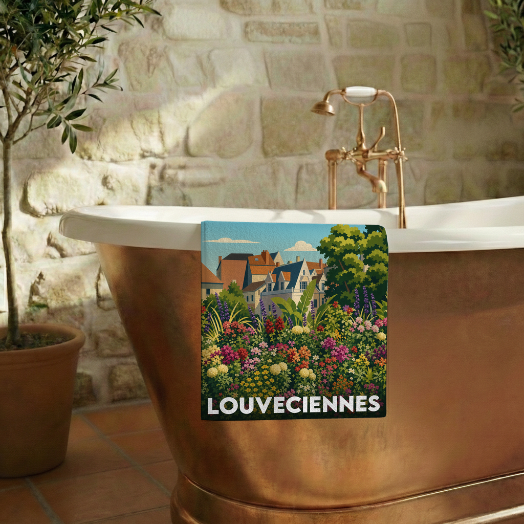 Serviette de bain souvenir de la ville de Louveciennes avec une illustration colorée et fleurie.