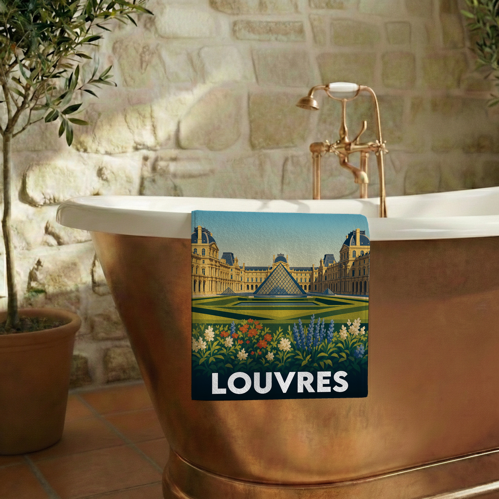 Serviette de bain souvenir de la ville de Louvres illustrée d'une vue stylisée du célèbre musée.